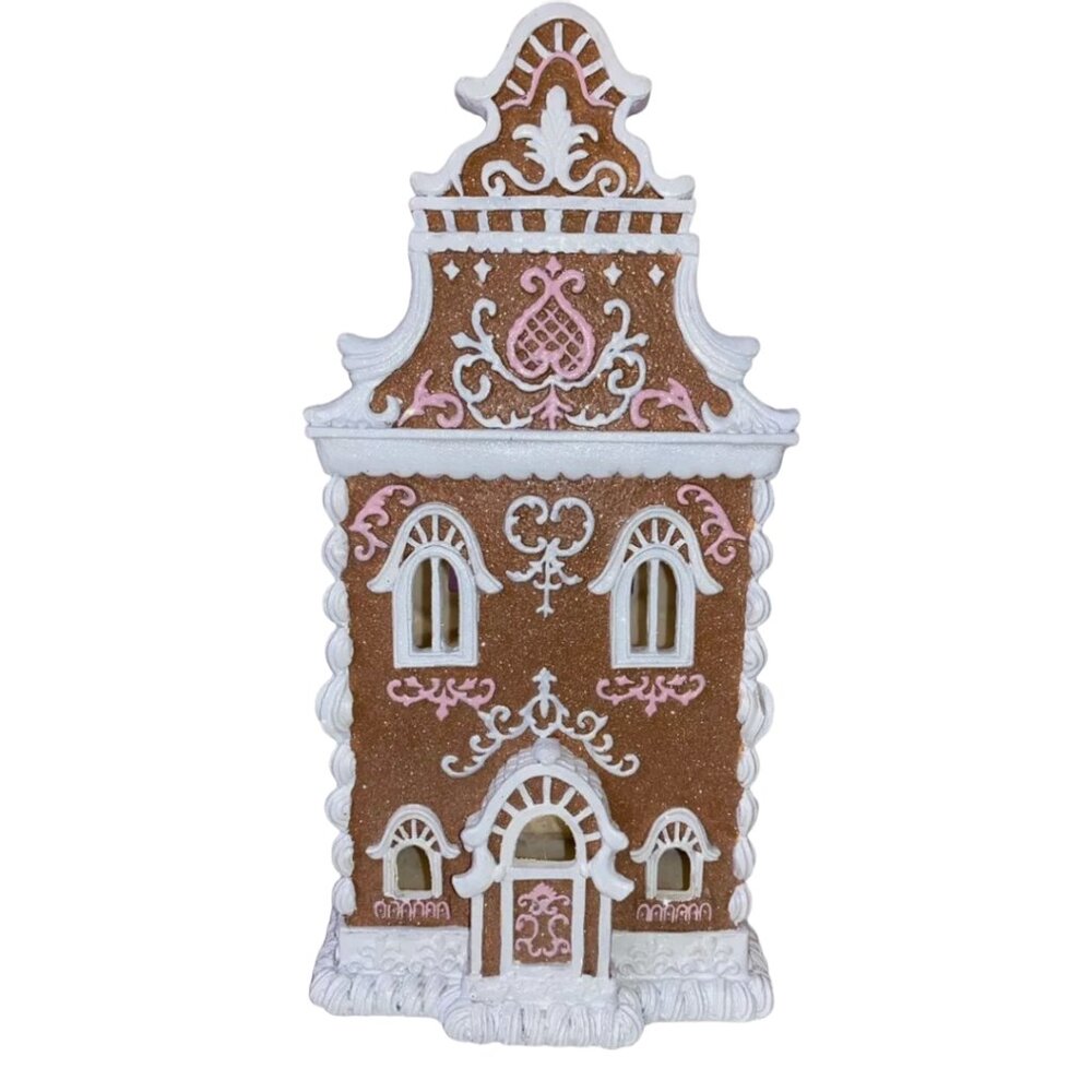 Christmas Brown PINK Victorian 14" Lighted Hand Painted Gingerbread House NEW